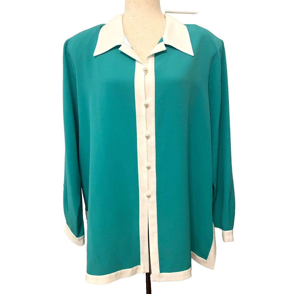 New Vintage Da-Rue California Women's 18 Blouse Button Dagger Collar Teal Green